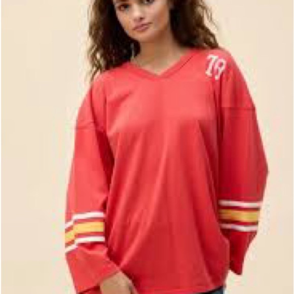 Daydreamer Tops - Daydreamer Red V-Neck Jersey with Striped Sleeves